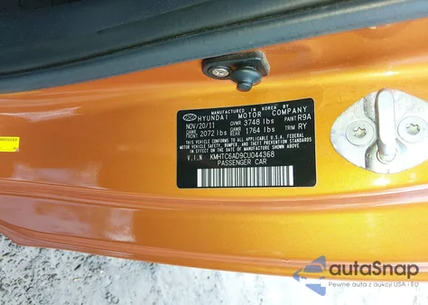 2012 Hyundai Veloster Base W/Black z USA, uszkodzony, nr VIN KMHTC6AD9CU044368